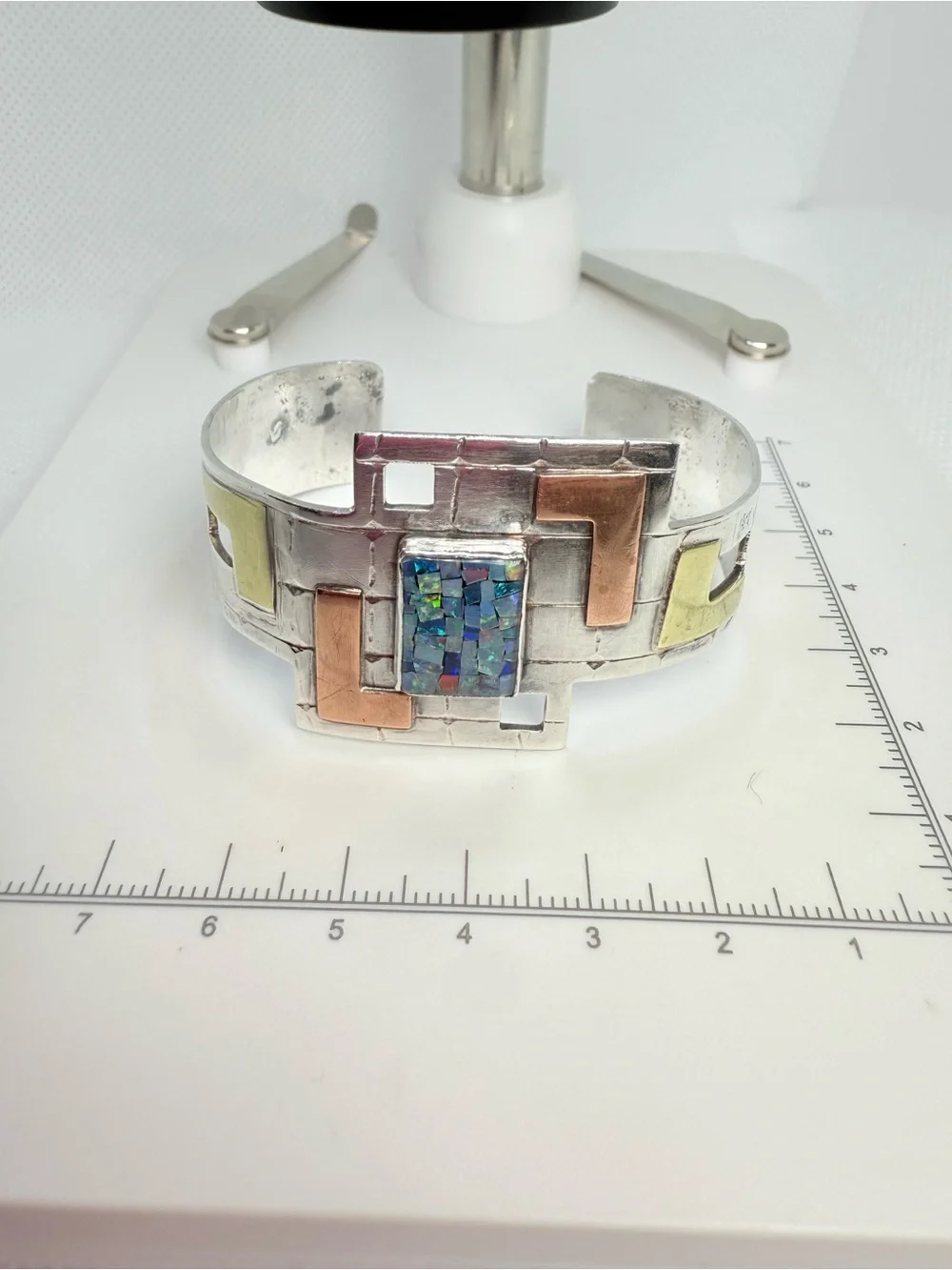 Vintage Modernist Sterling Silver Multi-Tone Inlay Cuff Bracelet